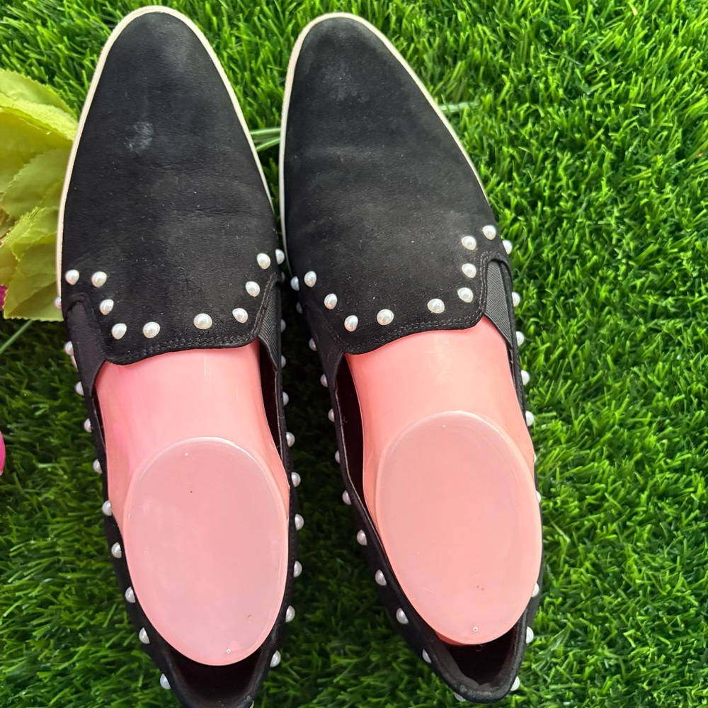 KARL LAGERFIELD NLACK POINTED TOE LEATHER SUEDE SNEAKERS FAUX PEARL TRIM 8.5 - Picture 9 of 10